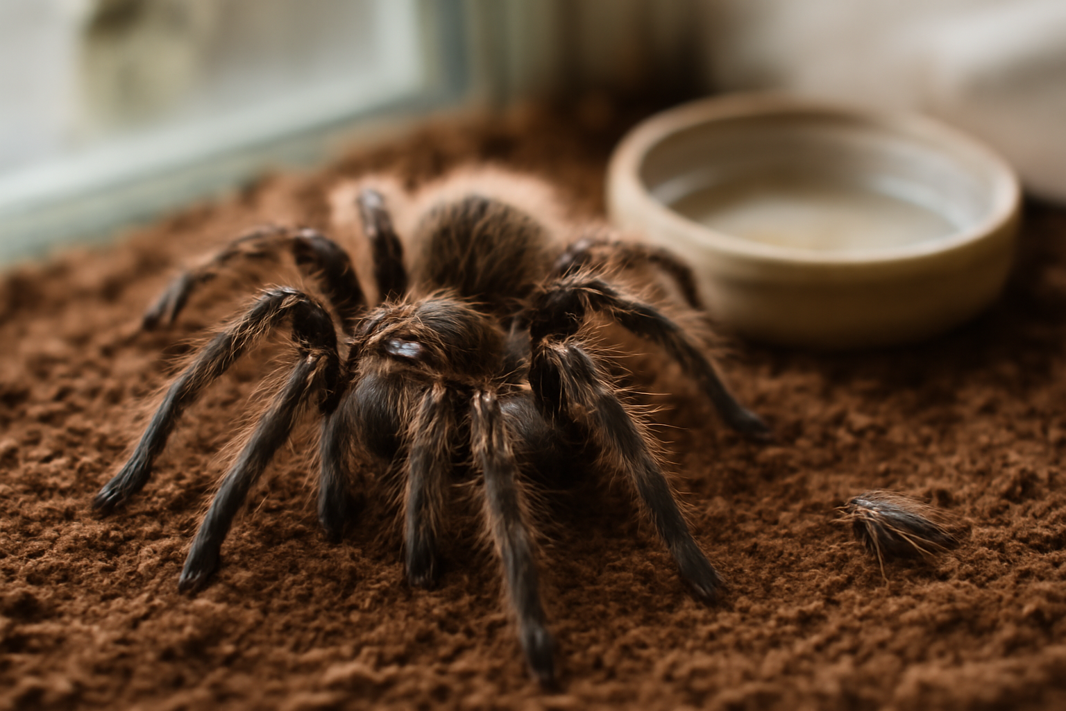 Tarantula dalam kandang kaca dengan pakan jangkrik di dekatnya
