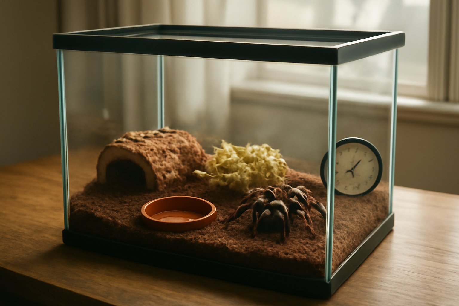 Kandang tarantula dengan substrat serbuk kelapa, mangkuk air, dan higrometer untuk menjaga kelembapan